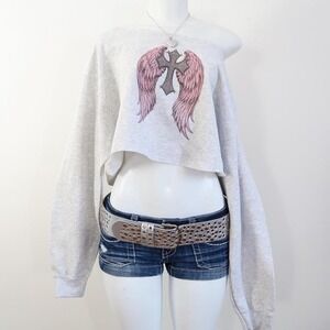 y2k mcbling sweater angel wings cross graphic cropped sweatshirt off shoulder